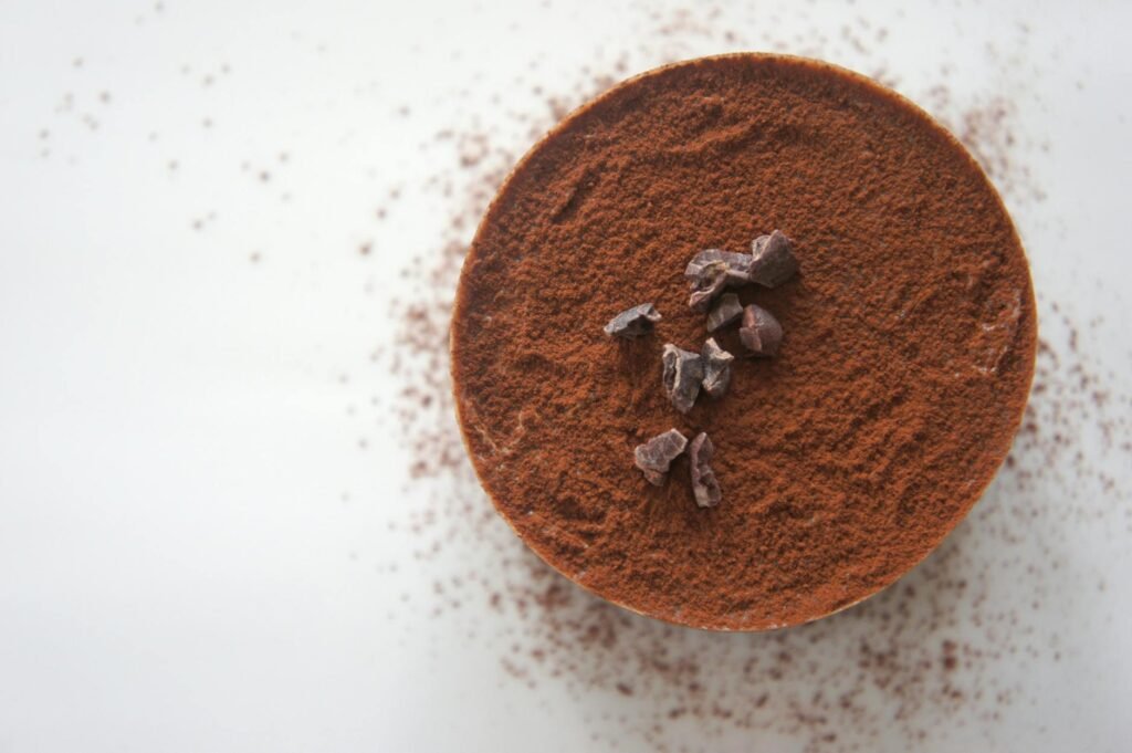 Top view of a rich chocolate dessert dusted with cocoa powder on a white background.